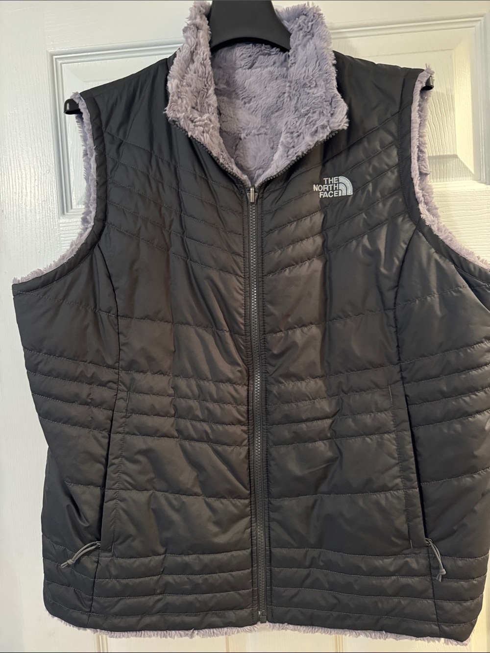 The North Face Women's Dark Gray Quilted Vest with Lavender Faux-Fur Lining